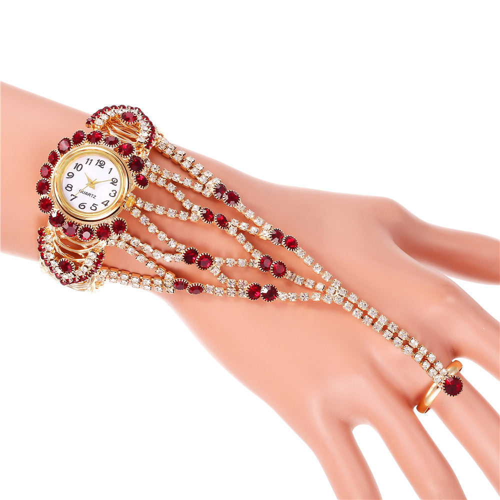 Ladies Full Diamond Claw Chain Ring Set Watch