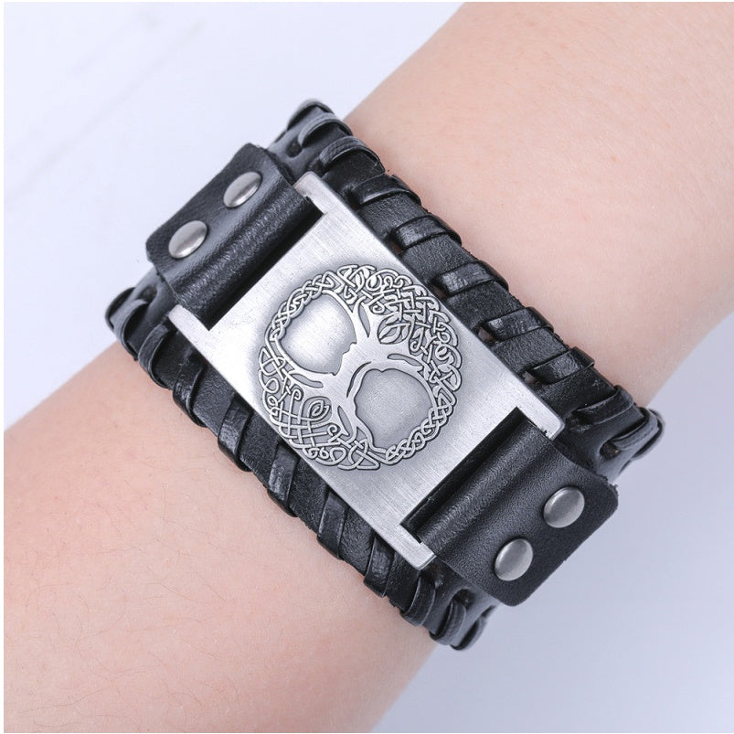 Charm Wide Leather Bracelet Men Punk Braided Rope Alloy Cuff Bangle Male Wristband