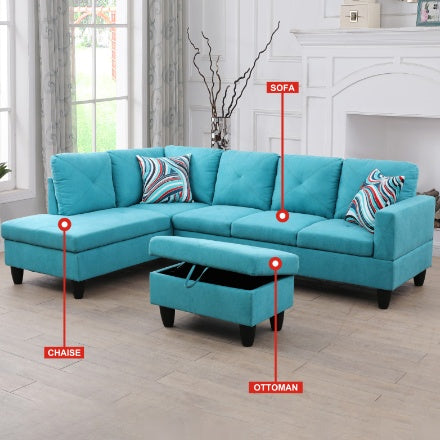 Light Blue Linen 3-Piece Living Room Sofa Set