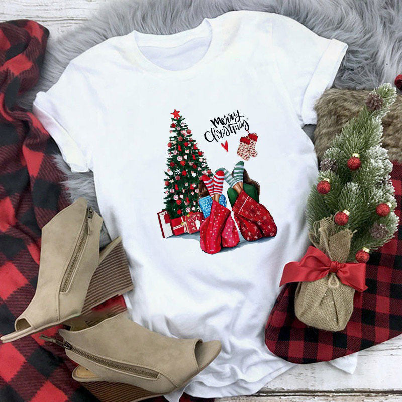 Cute Animal Christmas Clothes Printed Short Sleeve For Men And Women