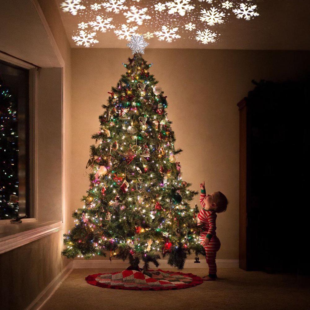 Christmas Tree Topper Star Lighted 3D Glitter Silver Snow Tree Toppers Snowflake Projector New Year Home Decoration