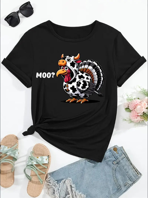 Thanksgiving Turkey & Cow Print T-Shirt - Casual Crew Neck, Short Sleeve Top For Women, Stretchy Polyester Blend, Machine Washable