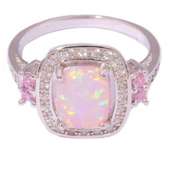 Austrian Crystal Rose Opal Ring Fashion Jewelry Wholesale New Luxury Women Gift Silver Color Big Square Opal Fire Rings