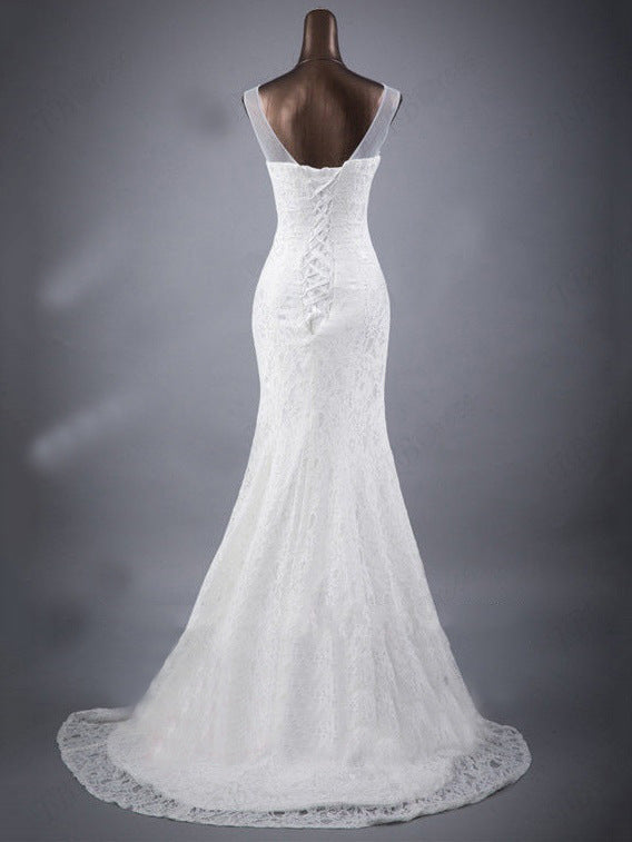 Lace slim and thin double shoulder tail wedding dress