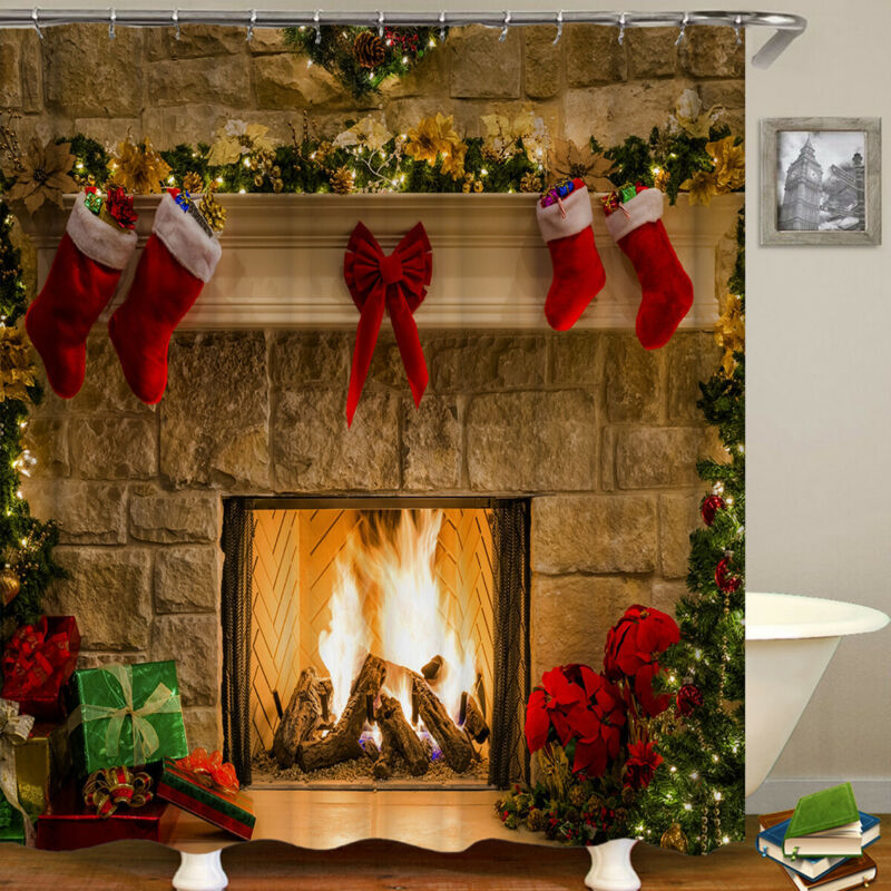 Christmas fireplace shower curtain