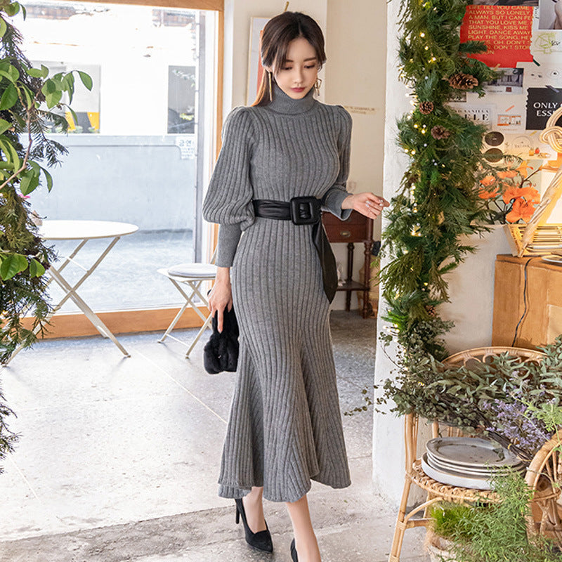 Korean-style Slim-fit Dress With Belt