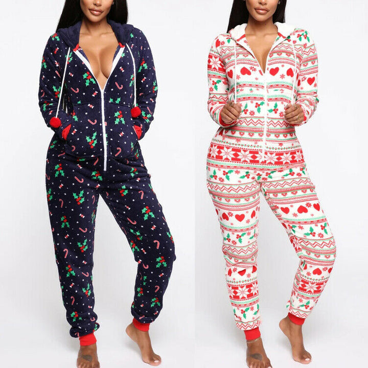 Christmas print hooded jumpsuit