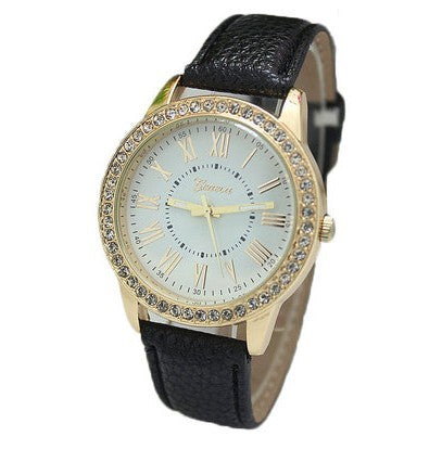 Women's Leather Band Geneva Roman Numerals Rhinestone Quartz Wrist Watch