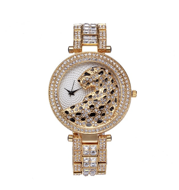 Cheetah with diamond band ladies watch hand