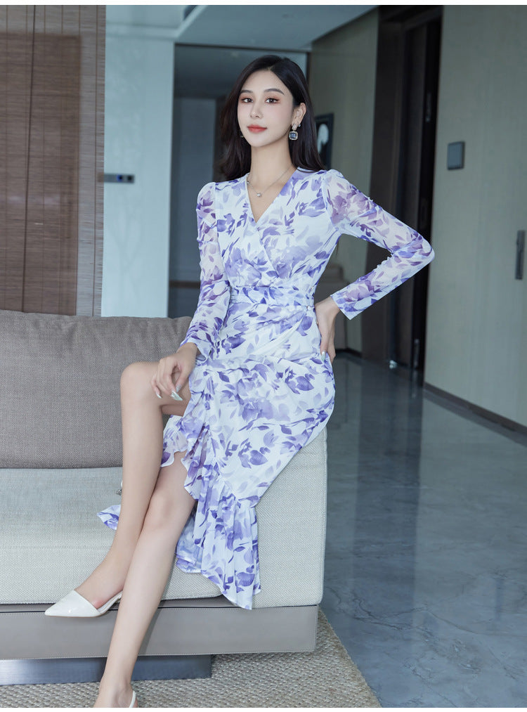 Slim Fit Mesh Floral Print Fishtail Dress