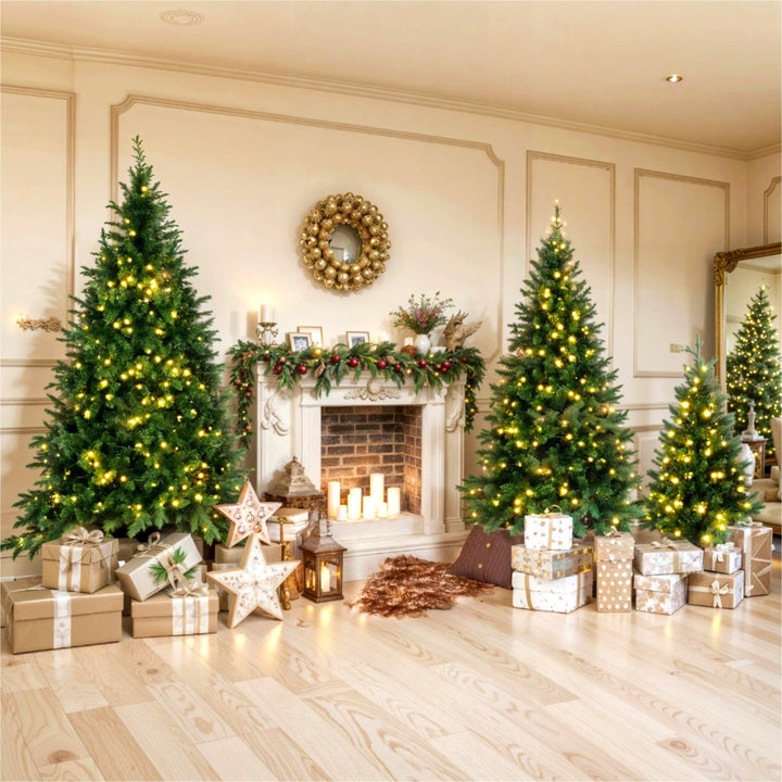 8ft, 6ft, 4ft Pre-Lit Green Pine Artificial Christmas Tree, 3 Articulated Christmas Trees With 820 Warm Yellow LED Lights & 2539 Branch Tips For Festive Decoration For Home, Office & Party