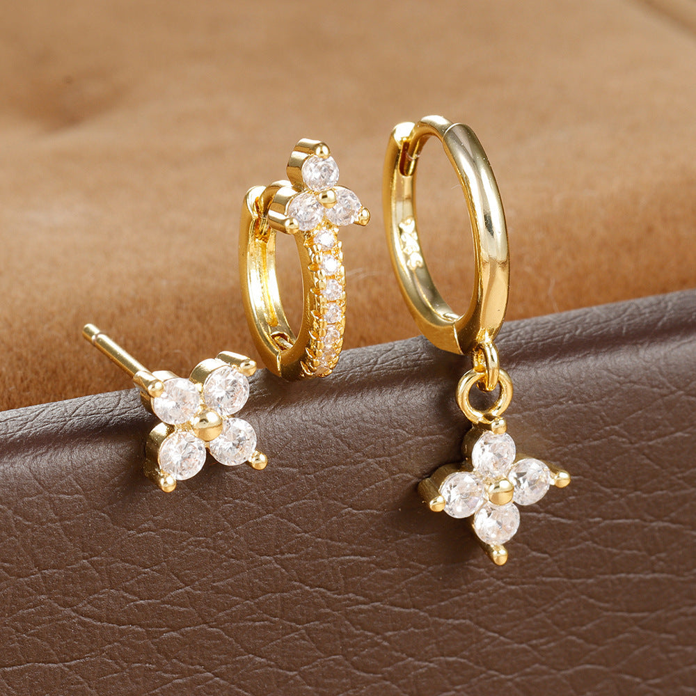 Four-Leaf Flower Stud Earrings Geometric Flower Diamond