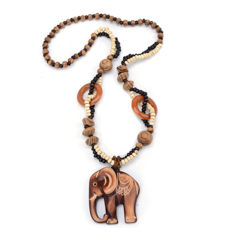 European And American Ethnic Fashion Retro Artistic Accessories All-match Wooden Long Necklace Elephant Pendant Men And Women Jewelry Hanging