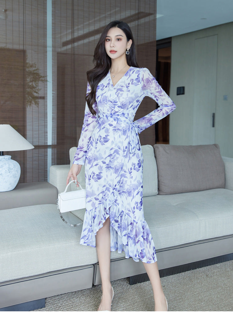 Slim Fit Mesh Floral Print Fishtail Dress