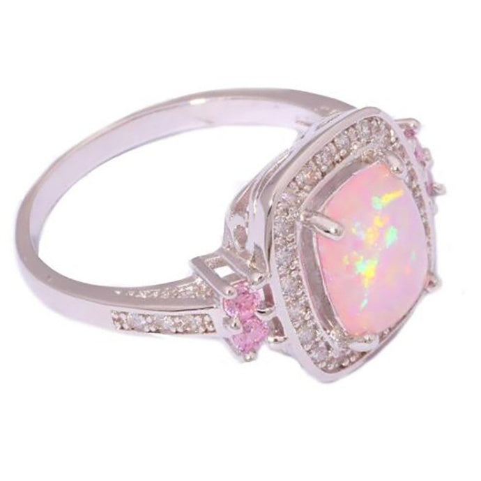 Austrian Crystal Rose Opal Ring Fashion Jewelry Wholesale New Luxury Women Gift Silver Color Big Square Opal Fire Rings