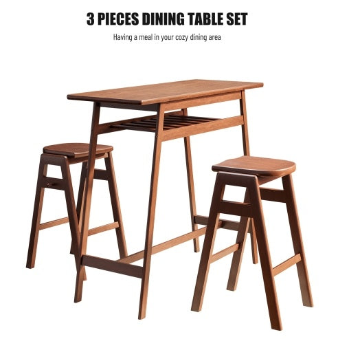 3 PCS Pub Dining Set Retro Bar Table Rubber Wood Stackable Backless High Stool For 2 With Shelf And Hooks For Home Bar Small Space