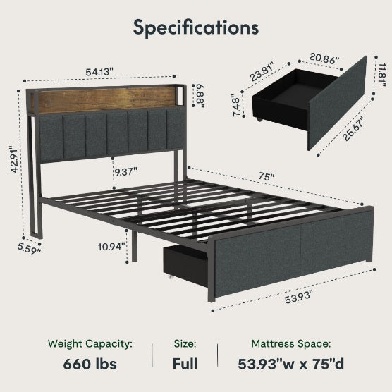 Full Bed Frame With Charging Station And LED Lights