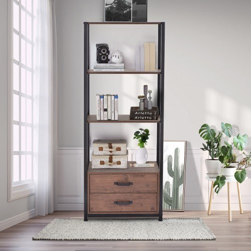 Home office 4-Tier Bookshelf, Simple Industrial Bookcase Standing Shelf Unit Storage Organizer with 4 open storage shelves and two drawers，Brown