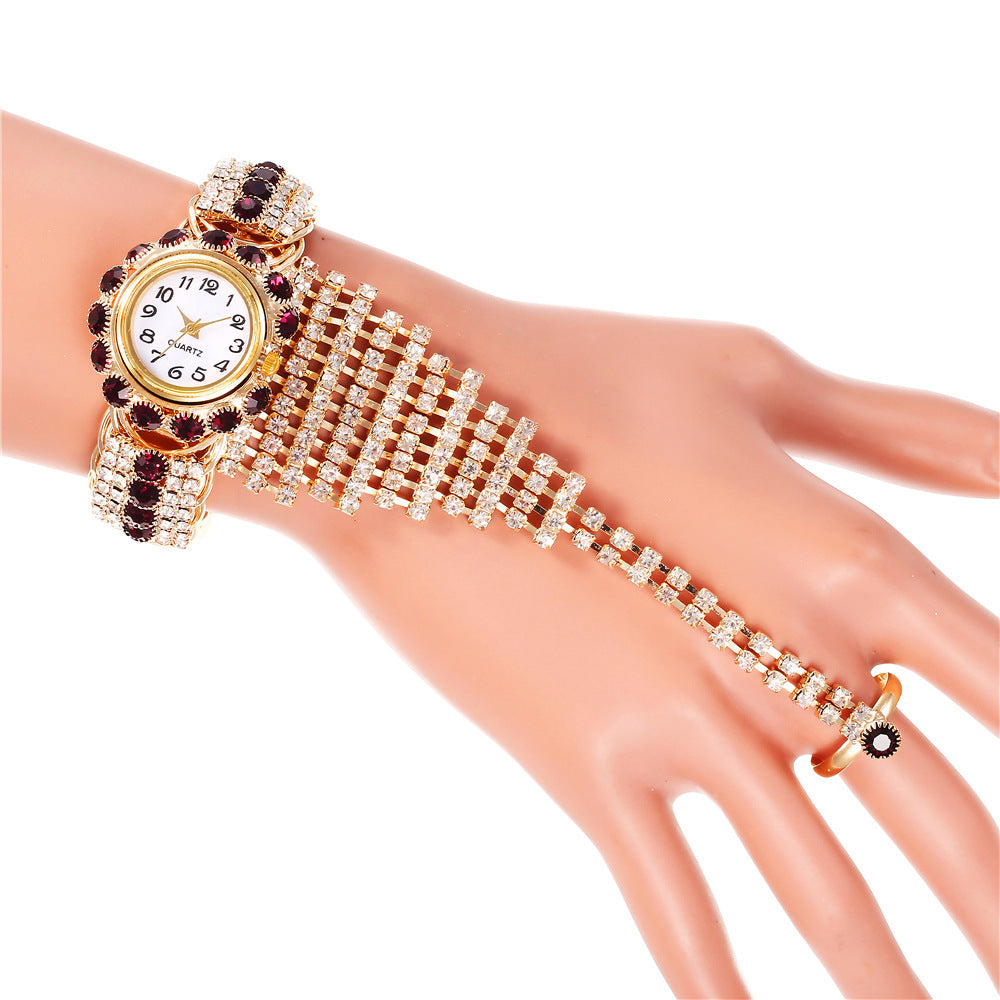 Trendy Ladies Full Diamond Claw Chain Ring Set Watch Fashion Ladies Watch