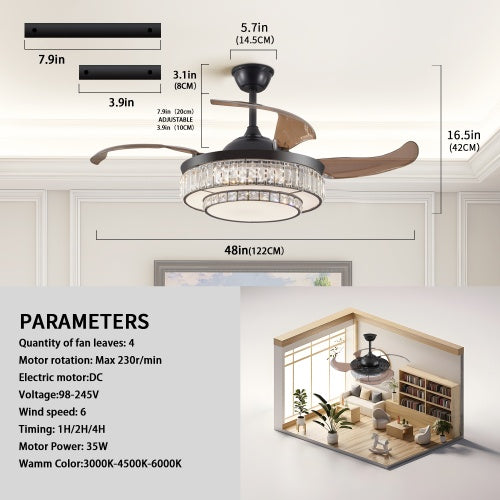 Modern LED Retractable Ceiling Fan With Light And Remote Control Unavailable Platform- Temu