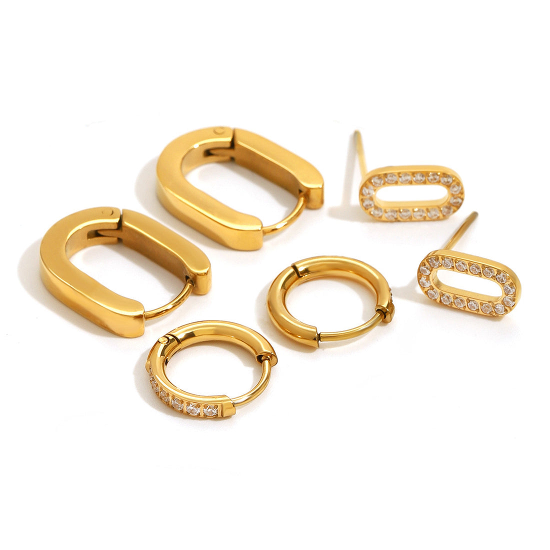 Three Pairs Of Stainless Steel Circle Rhinestone Earrings High Sense