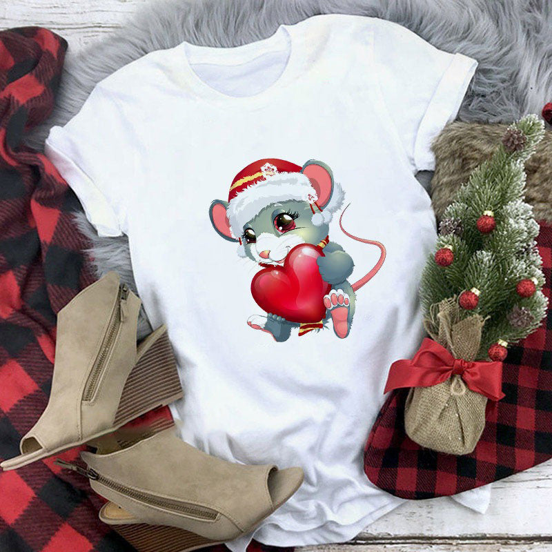 Cute Animal Christmas Clothes Printed Short Sleeve For Men And Women