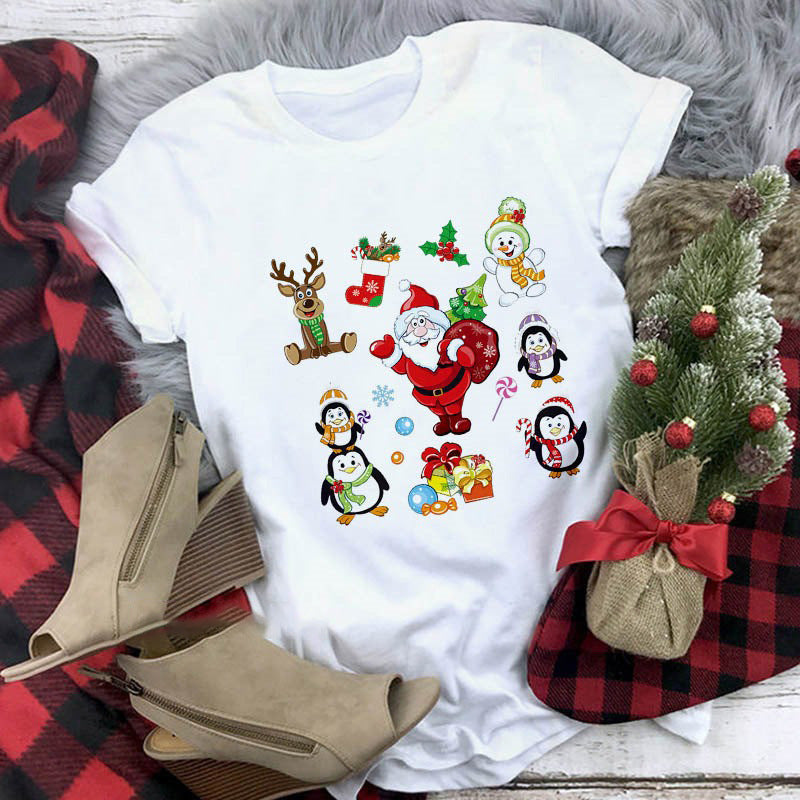 Cute Animal Christmas Clothes Printed Short Sleeve For Men And Women