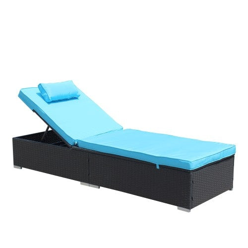 3-Piece Outdoor Patio Furniture Set Chaise Lounge, Patio Reclining Rattan Lounge Chair Chaise Couch Cushioned With Glass Coffee Table, Adjustable Back And Feet, Lounger Chair For Pool Garden, Blue