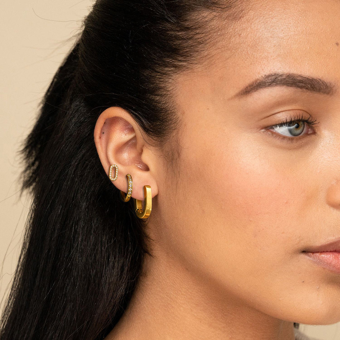 Three Pairs Of Stainless Steel Circle Rhinestone Earrings High Sense