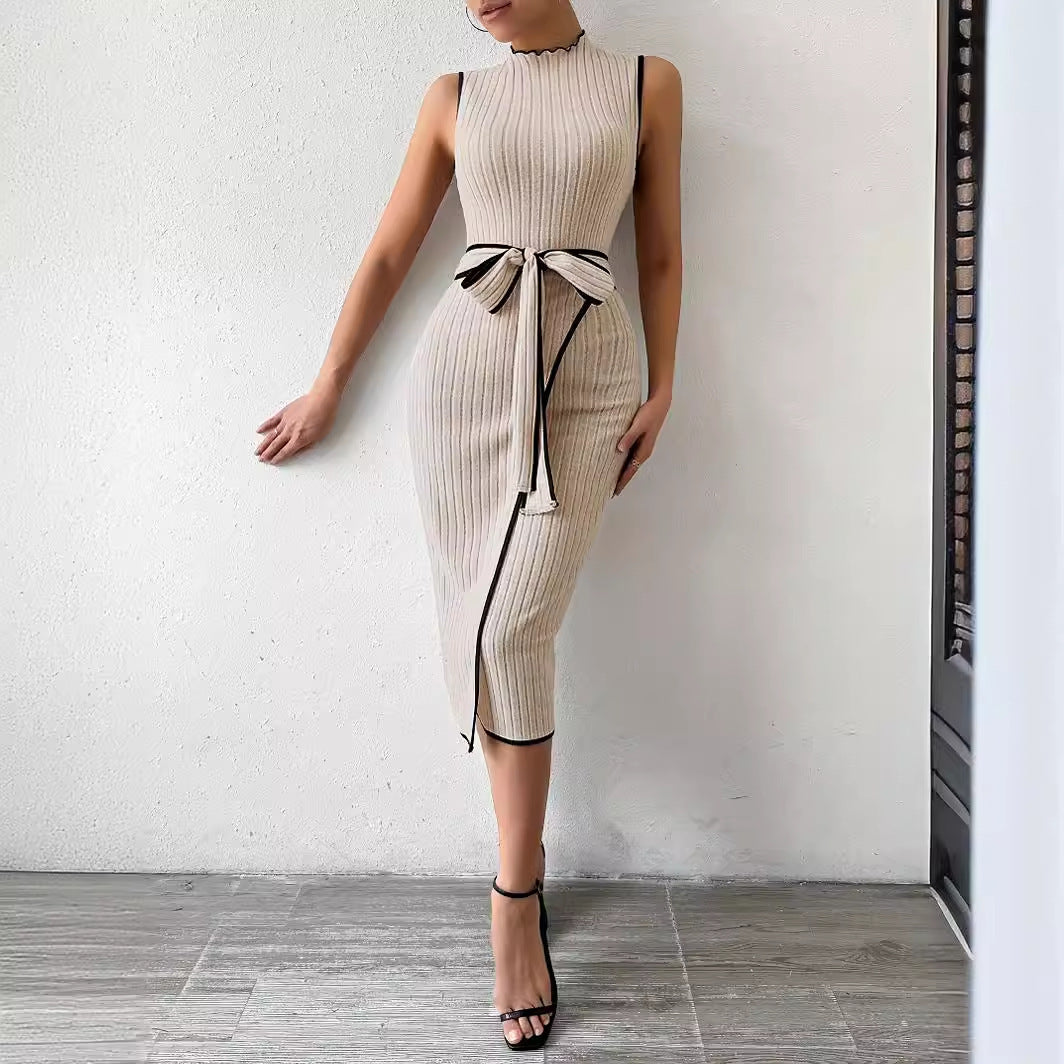 Elegant Slim Fit Belt Sleeveless Dress