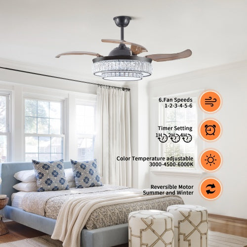 Modern LED Retractable Ceiling Fan With Light And Remote Control Unavailable Platform- Temu