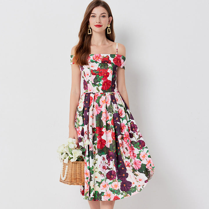 Floral-print Off-shoulder Sling Dress