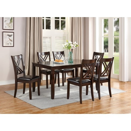 7pcs Dining Set Dining Table 6 Side Chairs Clean Espresso Finish Cushion Seats X Design Back Chairs