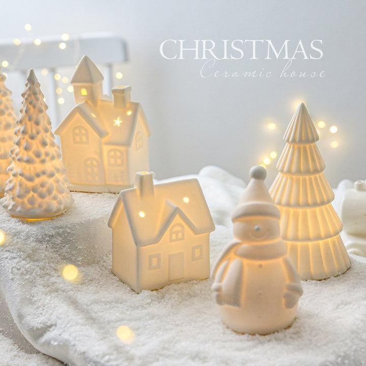 Ceramic Christmas Tree Desktop Decoration Luminous Christmas Small House Christmas Snowman