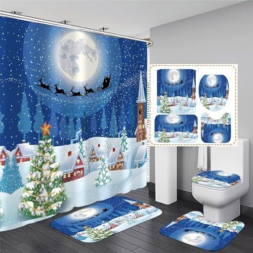 Christmas Shower Curtain Suit With Non-slip Carpet Toilet Lid And Bath Mat Snowman Shower Curtain Snowflake Decorative Cover Punch-free