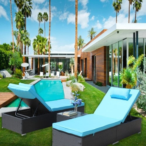 3-Piece Outdoor Patio Furniture Set Chaise Lounge, Patio Reclining Rattan Lounge Chair Chaise Couch Cushioned With Glass Coffee Table, Adjustable Back And Feet, Lounger Chair For Pool Garden, Blue