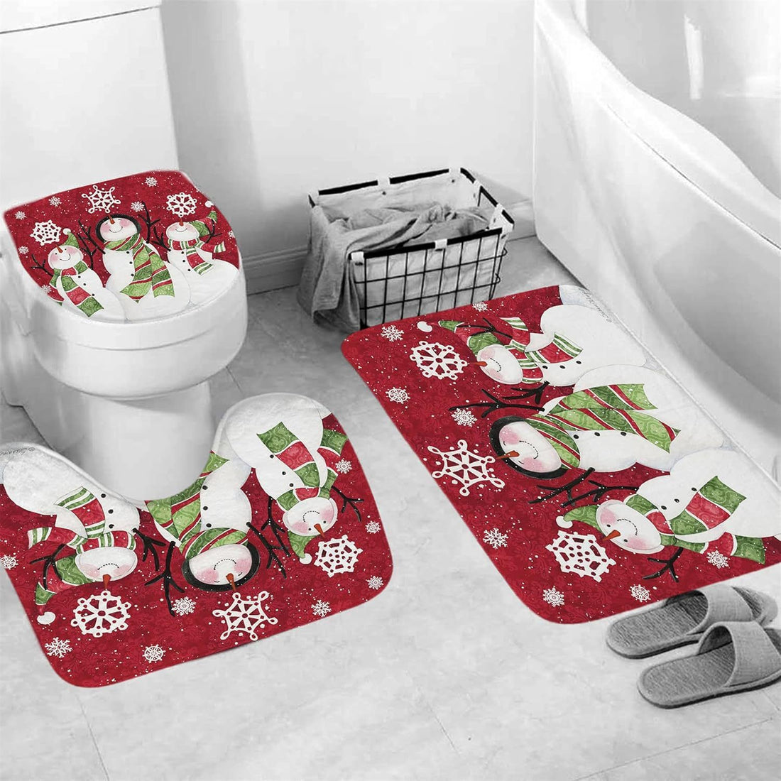 Christmas Shower Curtain Suit With Non-slip Carpet Toilet Lid And Bath Mat Snowman Shower Curtain Snowflake Decorative Cover Punch-free