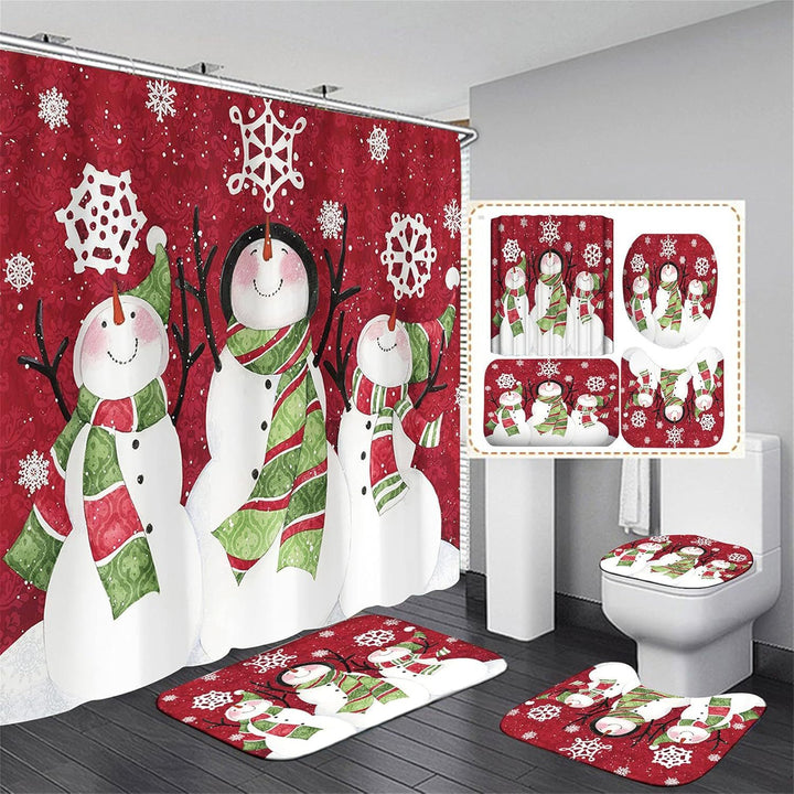 Christmas Shower Curtain Suit With Non-slip Carpet Toilet Lid And Bath Mat Snowman Shower Curtain Snowflake Decorative Cover Punch-free