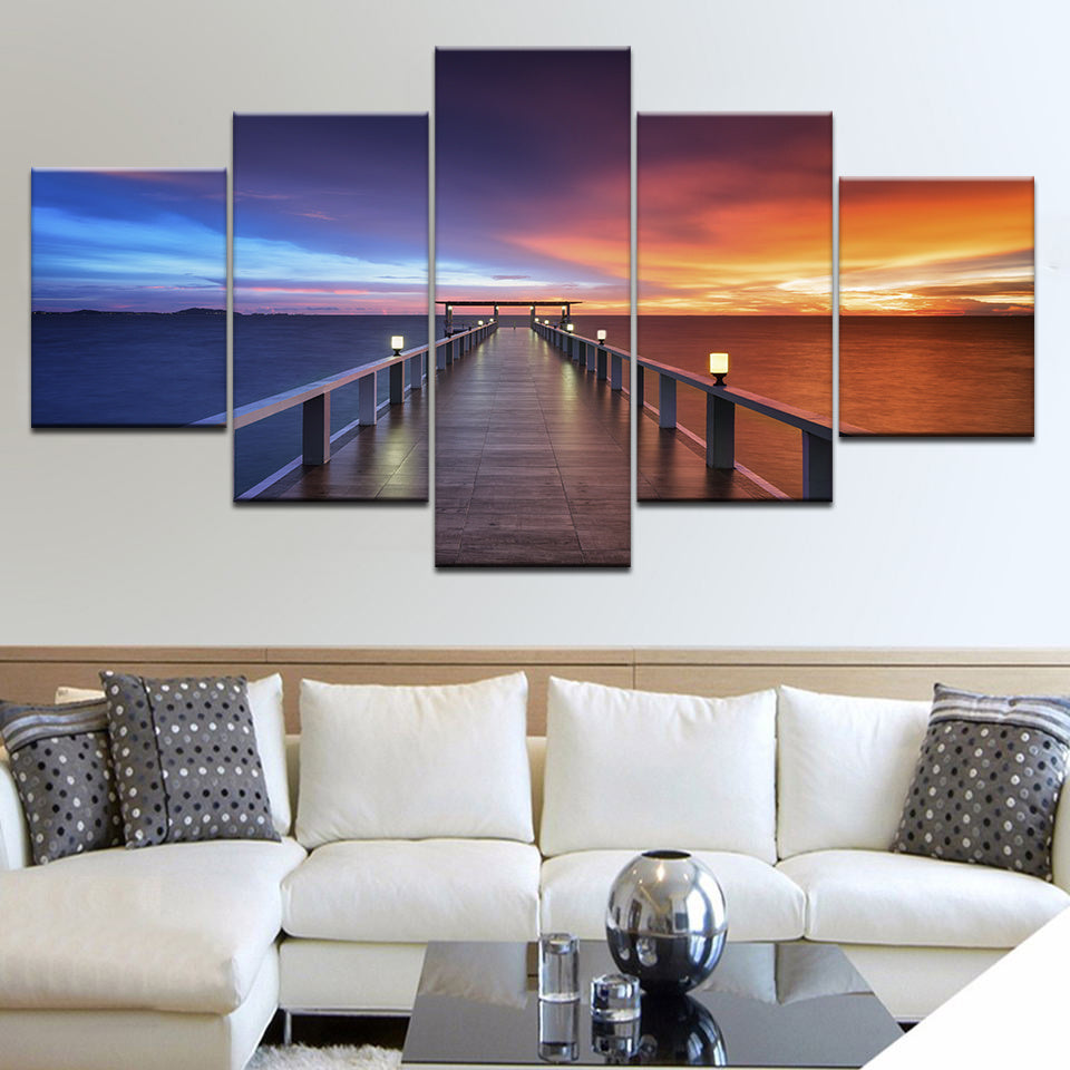 Print Wall Poster Home Decor Beautiful Sunset Bridge Nature Landscape Painting Lake Pictures