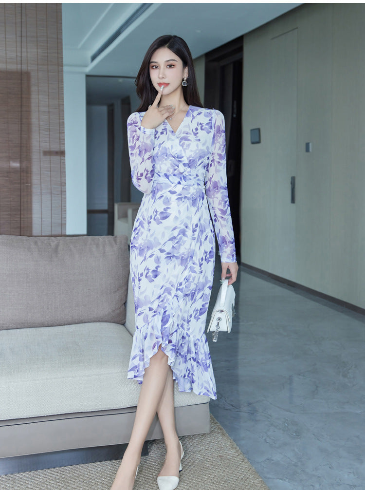 Slim Fit Mesh Floral Print Fishtail Dress