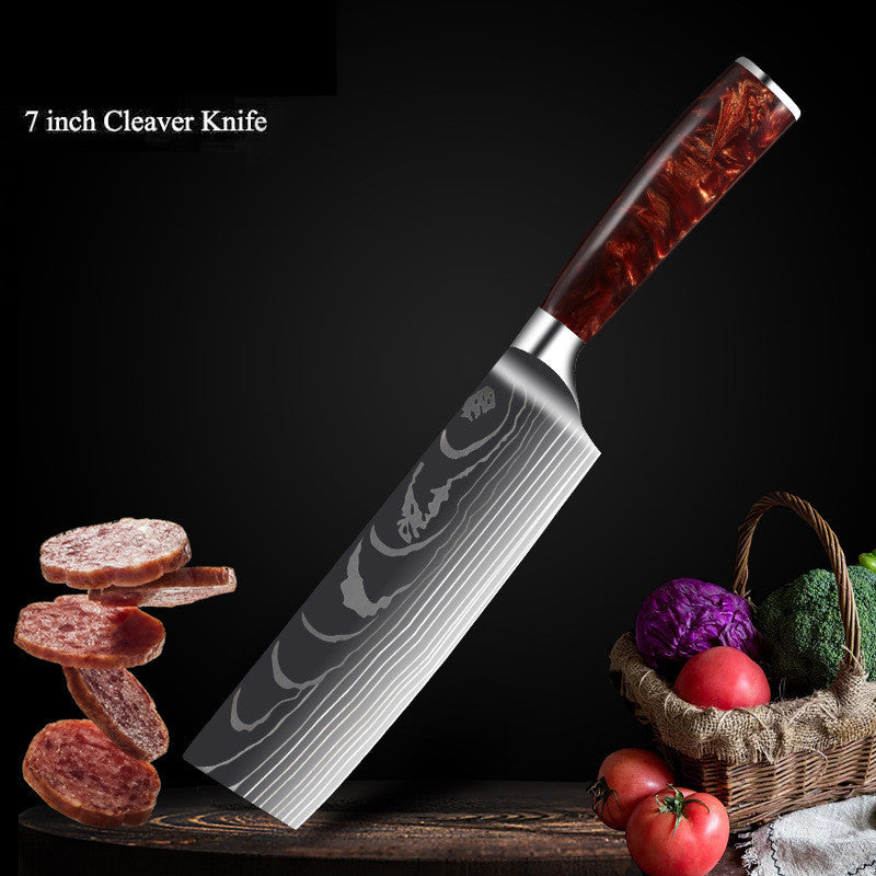 Red Resin Handle Damascus Laser Pattern Set Kitchen Knife