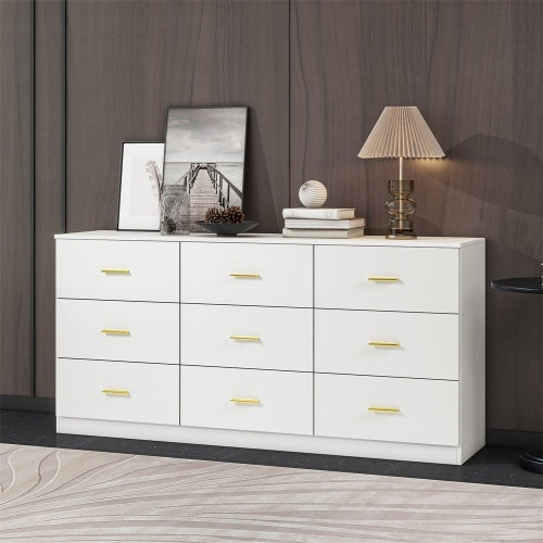 Modern White 9-Drawer Dresser For Bedroom - Ample Storage Wide Chest Of Drawers, Sturdy Safe