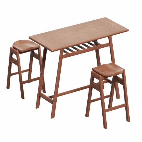 3 PCS Pub Dining Set Retro Bar Table Rubber Wood Stackable Backless High Stool For 2 With Shelf And Hooks For Home Bar Small Space