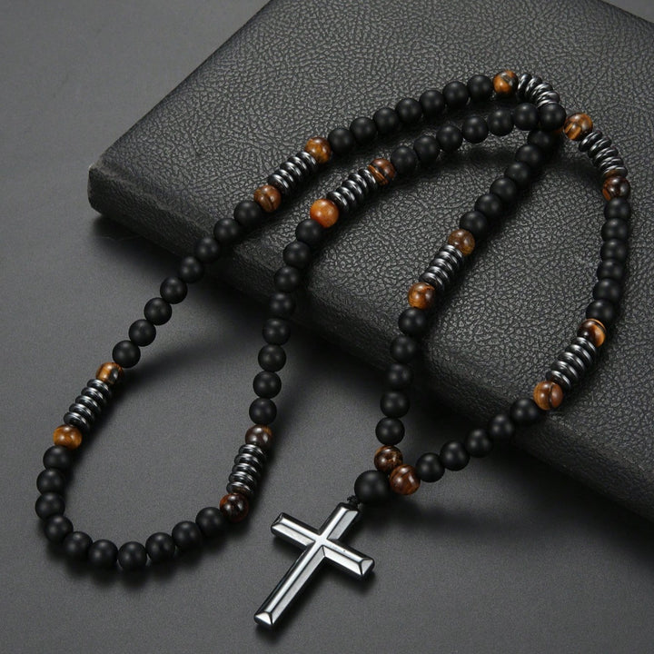 Vintage Natural Stone Men's Long Cross Necklace Sweater Chain