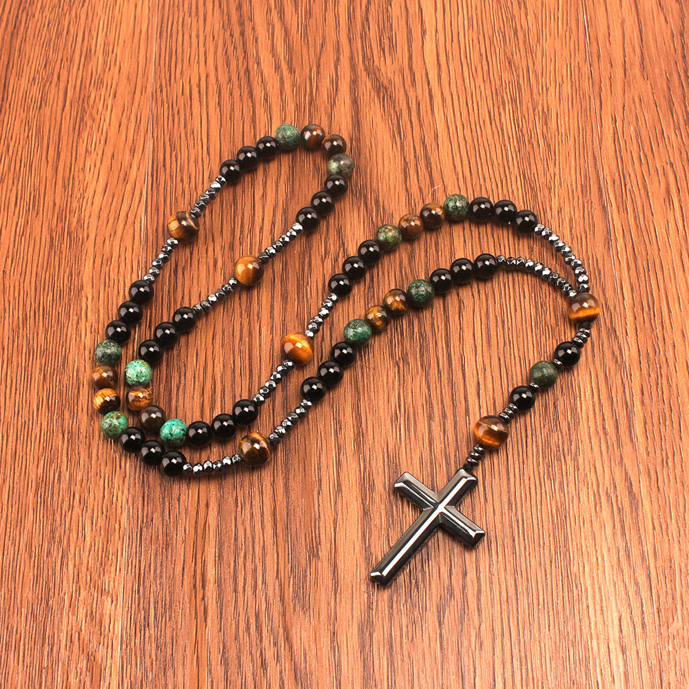 Vintage Natural Stone Men's Long Cross Necklace Sweater Chain