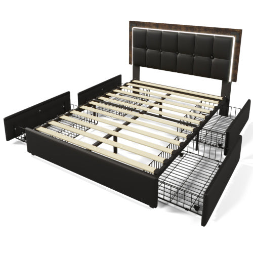 PU Belt, LED Strip And Bed Frame With 4 Drawers