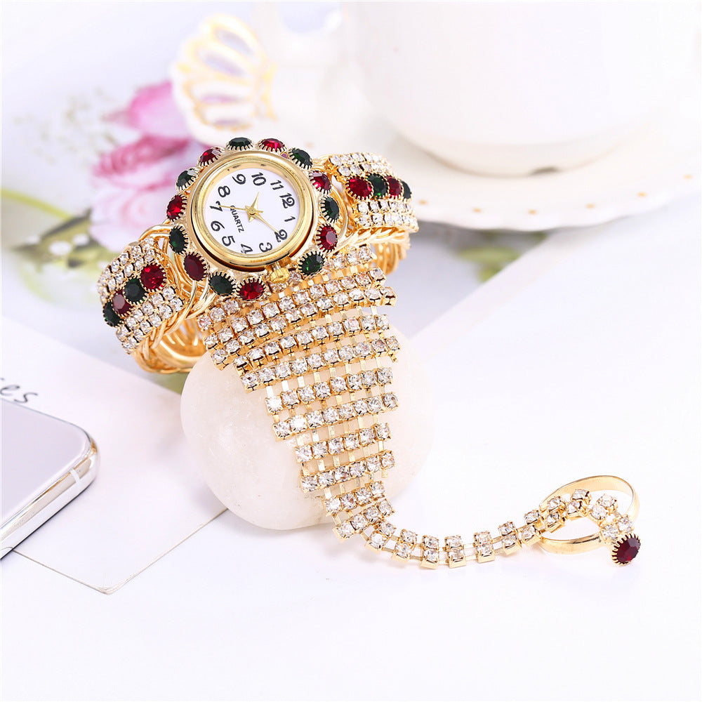 Trendy Ladies Full Diamond Claw Chain Ring Set Watch Fashion Ladies Watch