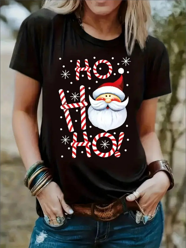 Women's Santa Claus Graphic Tee - Casual Crew Neck, Short Sleeve, Soft & Breathable Blend Top For All Seasons, Best For Christmas