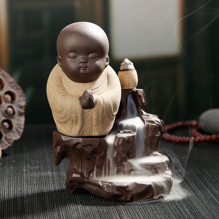 Reverse Flow Incense Burner Creative Purple Sand Little Monk Inserted Incense Line Smoke Furnace Ceramic Path Home Office Tea Pet Decoration