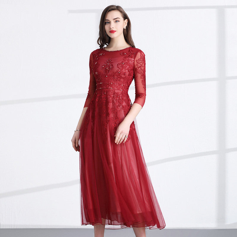 Women's Temperament Slim Fit Mesh Embroidered Dress